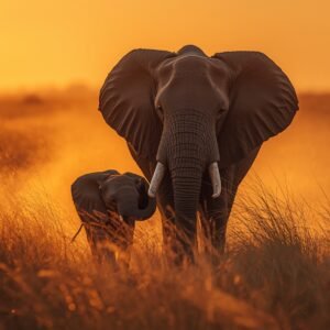 Elephant Mother & Baby Walking Through Golden Savannah