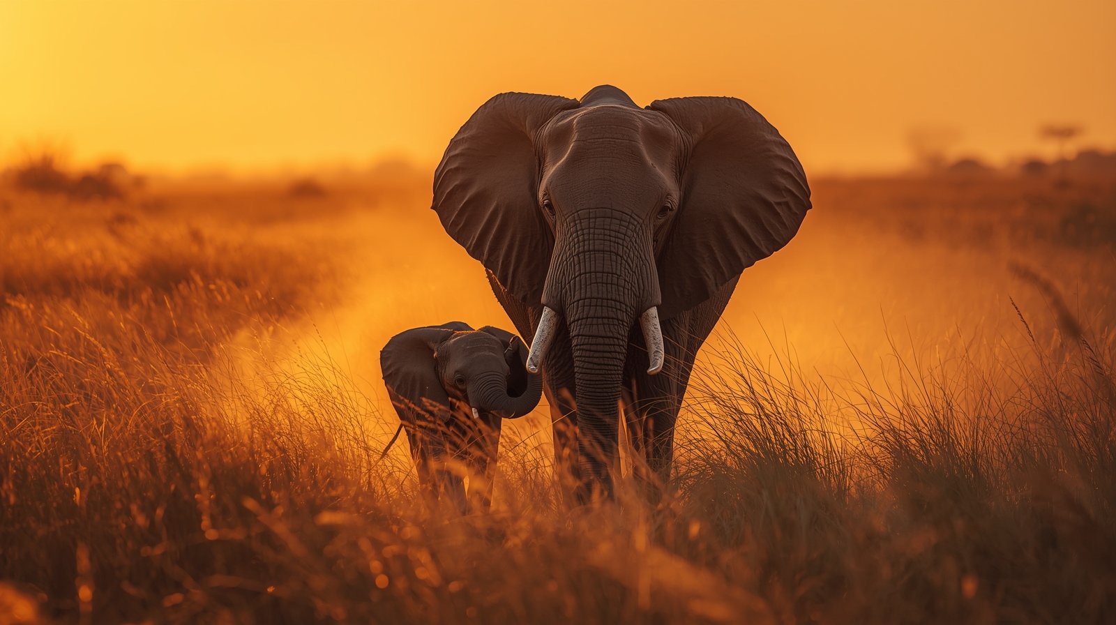 Elephant Mother & Baby Walking Through Golden Savannah