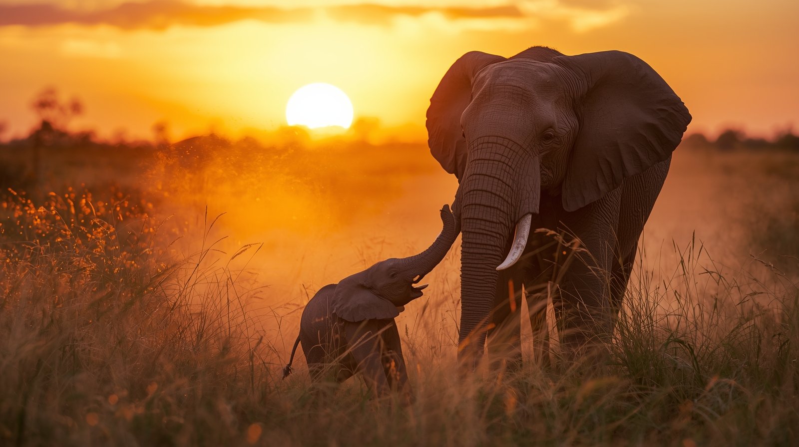 Elephant Mother & Baby Walking Through Golden Savannah Digital Painting - Image 2