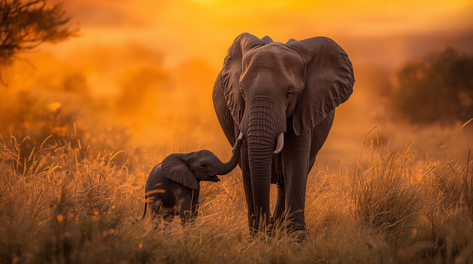 Elephant Mother & Baby Walking Through Golden Savannah Digital Painting - Image 3