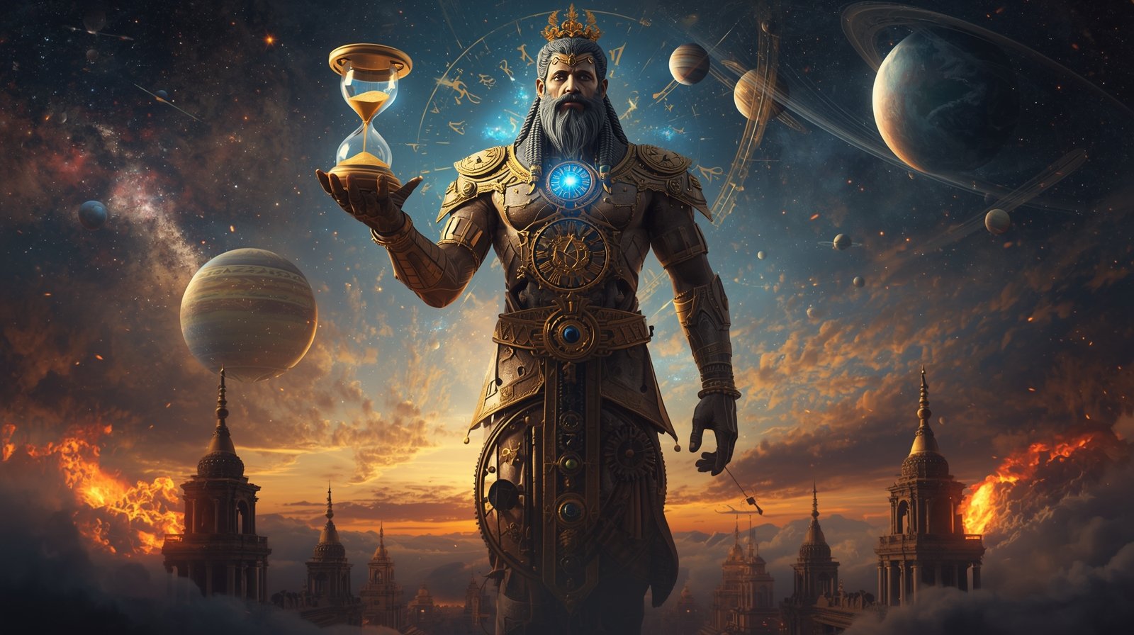 Digital Painting of Ancient God Formed from Broken Clocks