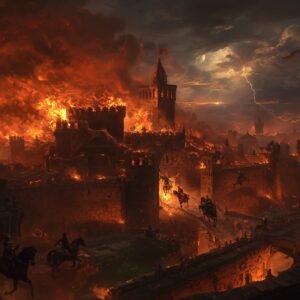 Epic large-scale oil-style digital painting of a burning ancient kingdom at night