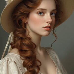 Digital Painting of a Beautiful Young Woman Wearing a Wide Vintage cream-colored hat with a silk ribbon