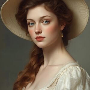 Digital Painting of a beautiful young woman wearing a hat with a silk ribbon