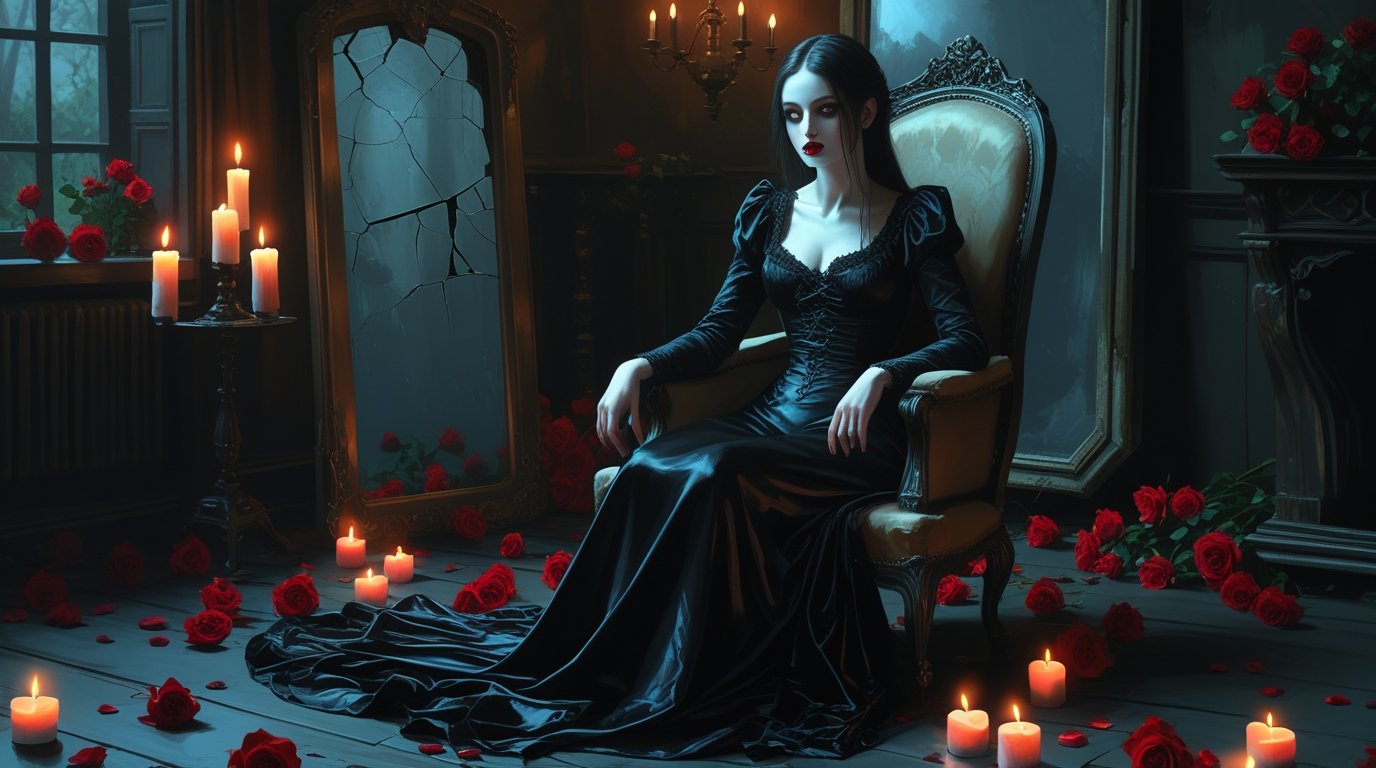 A Mysterious Woman Sitting in a Vintage Chair Digital Painting - Image 2