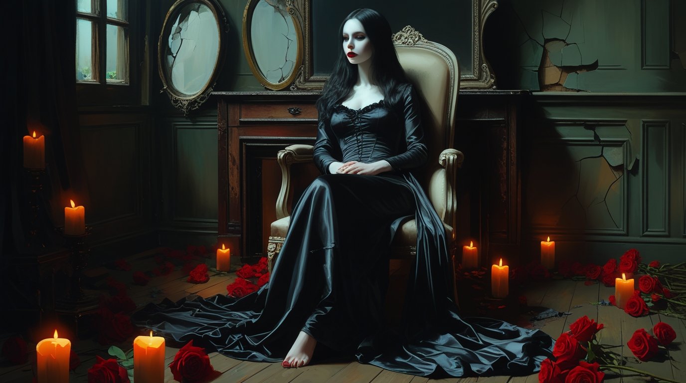 A Mysterious Woman Sitting in a Vintage Chair Digital Painting - Image 3