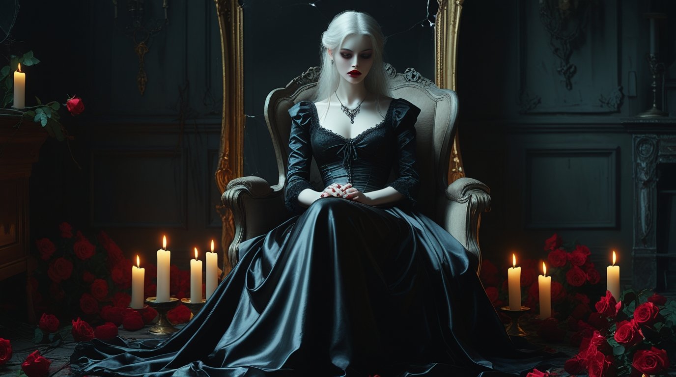 A Mysterious Woman Sitting in a Vintage Chair Digital Painting