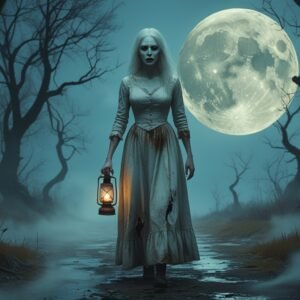 fog swirling around her feet, huge full moon behind her, twisted dark trees closing in, ultra realistic, hyper-detailed skin texture, horror fine art