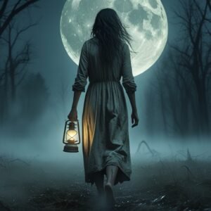 Digital Painting of American woman slowly walking in a deep midnight forest