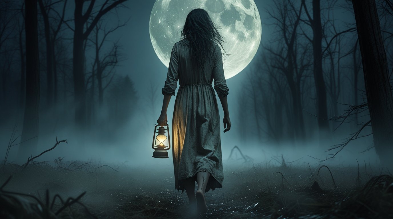 Digital Painting of American woman slowly walking in a deep midnight forest