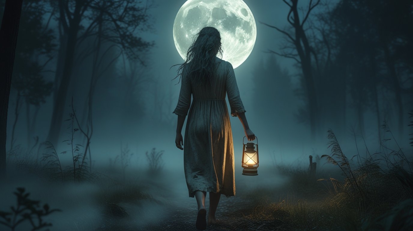Digital Painting of American woman slowly walking in a deep midnight forest - Image 5