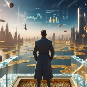 Extremely wealthy man standing on glass balcony