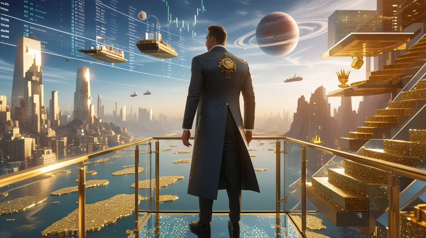 Extremely wealthy man standing on glass Balcony Digital Painting - Image 4