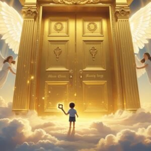 Giant glowing golden door floating in the clouds Digital Painting
