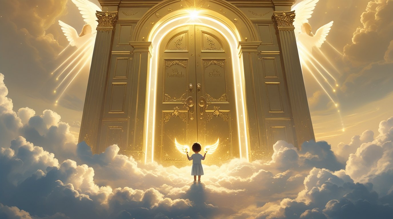 Giant glowing golden door floating in the clouds Digital Painting - Image 3