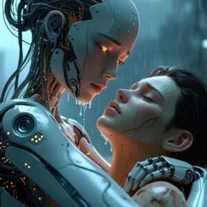 Sad female android holding a dying human Digital Painting