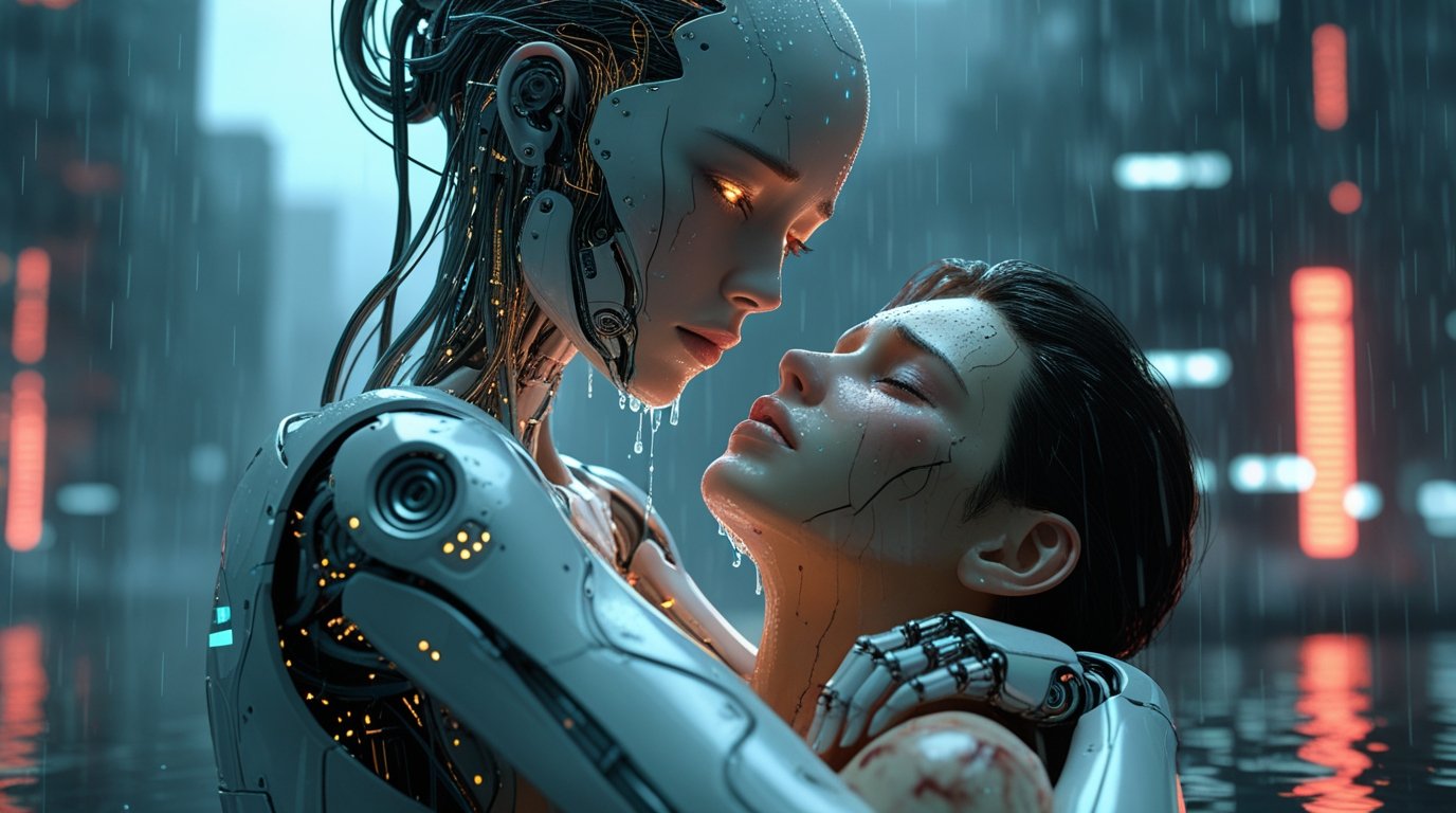 Sad female android holding a dying human Digital Painting