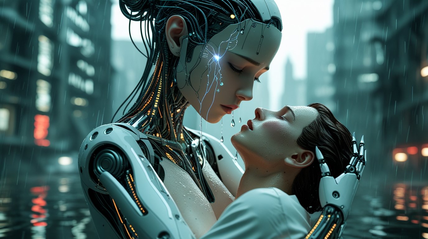 Sad female android holding a dying human Digital Painting - Image 2