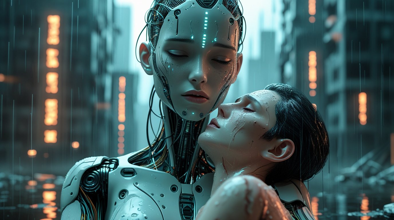 Sad female android holding a dying human Digital Painting - Image 3