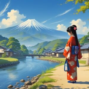 Digital Painting of a Traditional Old-Style Japanese Village