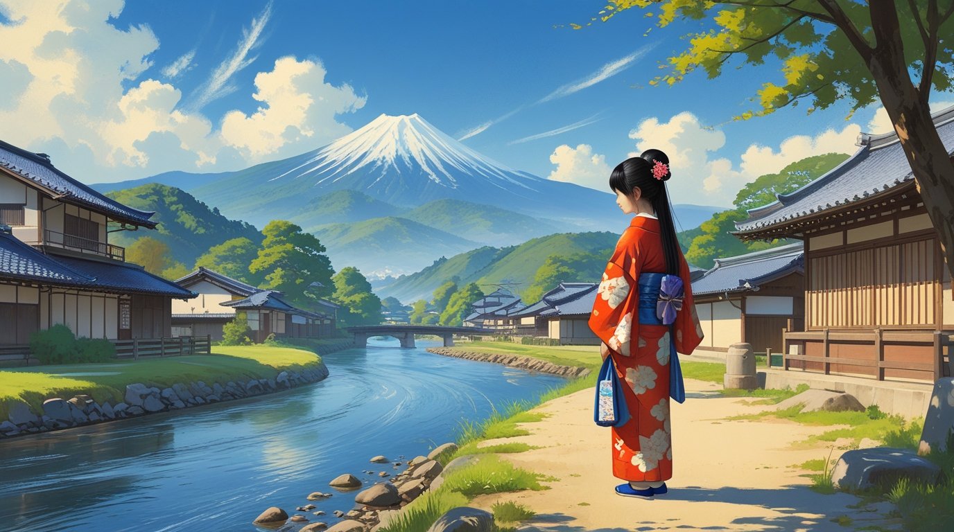 Digital Painting of a Traditional Old-Style Japanese Village